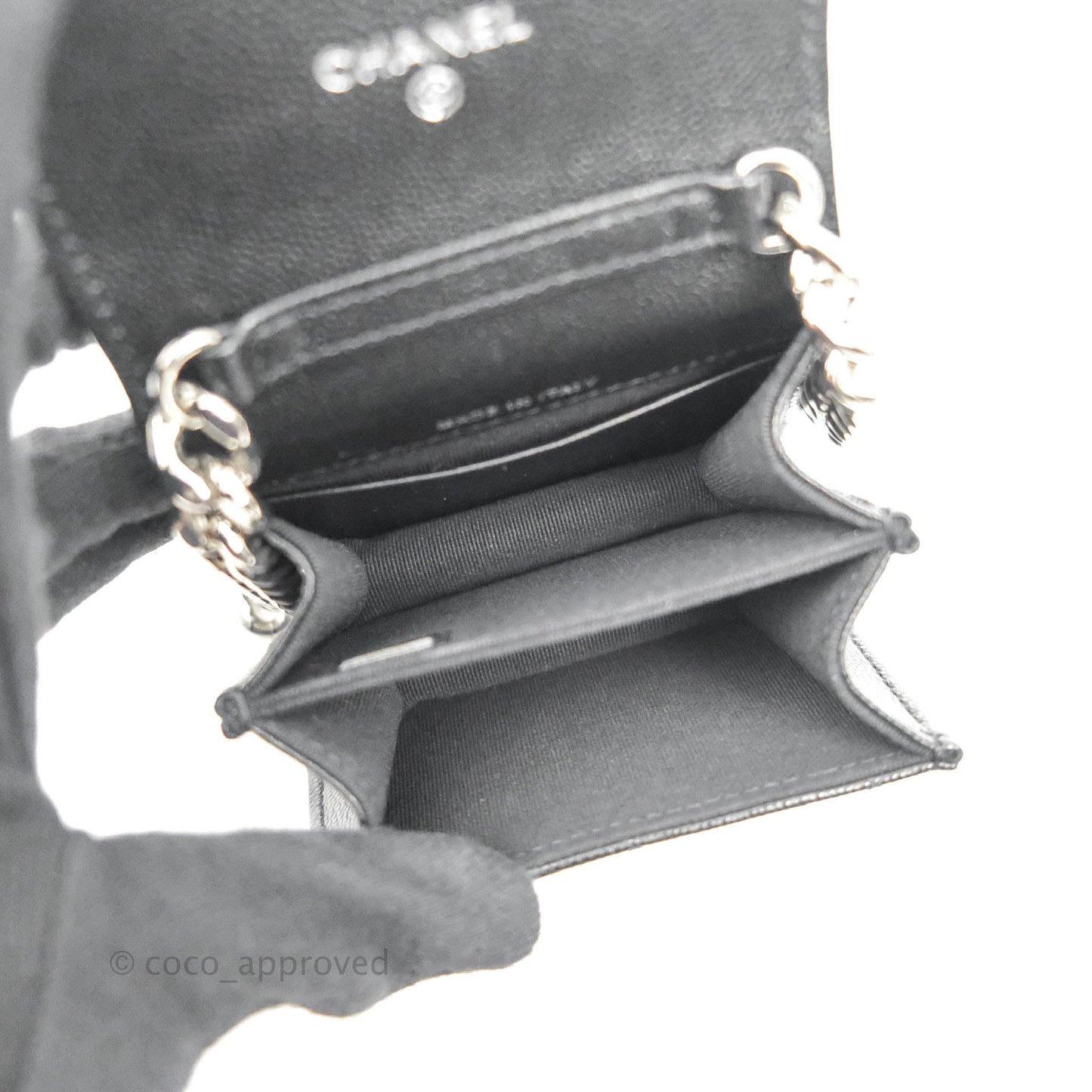 Chanel Mini Clutch With Chain Black Caviar Enamel Silver Hardware 22S