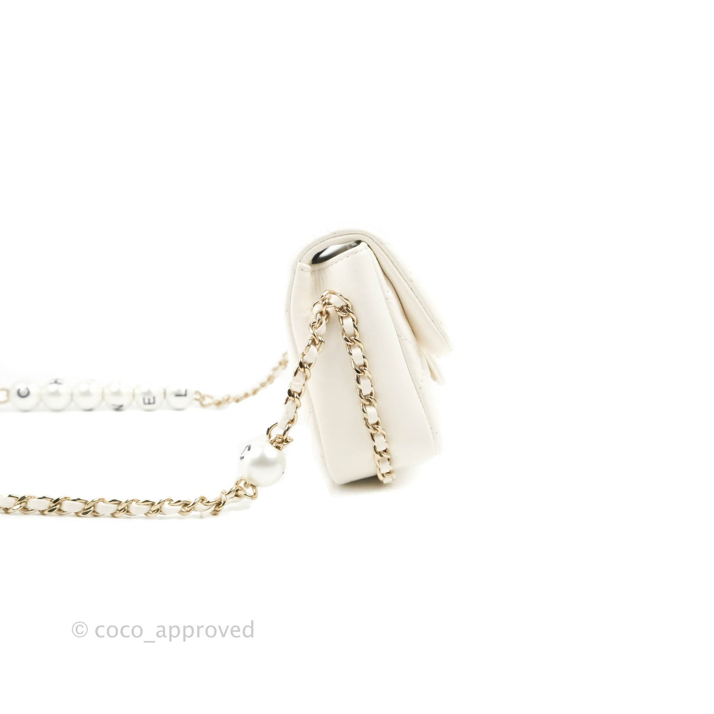 Chanel Small Logo Pearl Chain Flap Bag White Lambskin Gold Hardware