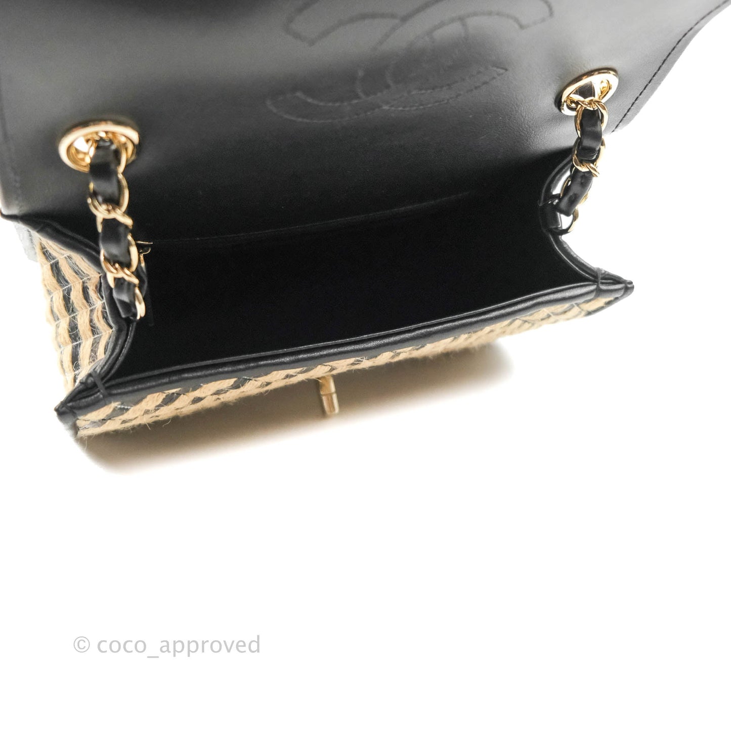 Chanel Quilted Mini Rectangular Flap Raffia Jute Thread Black & Beige Gold Hardware
