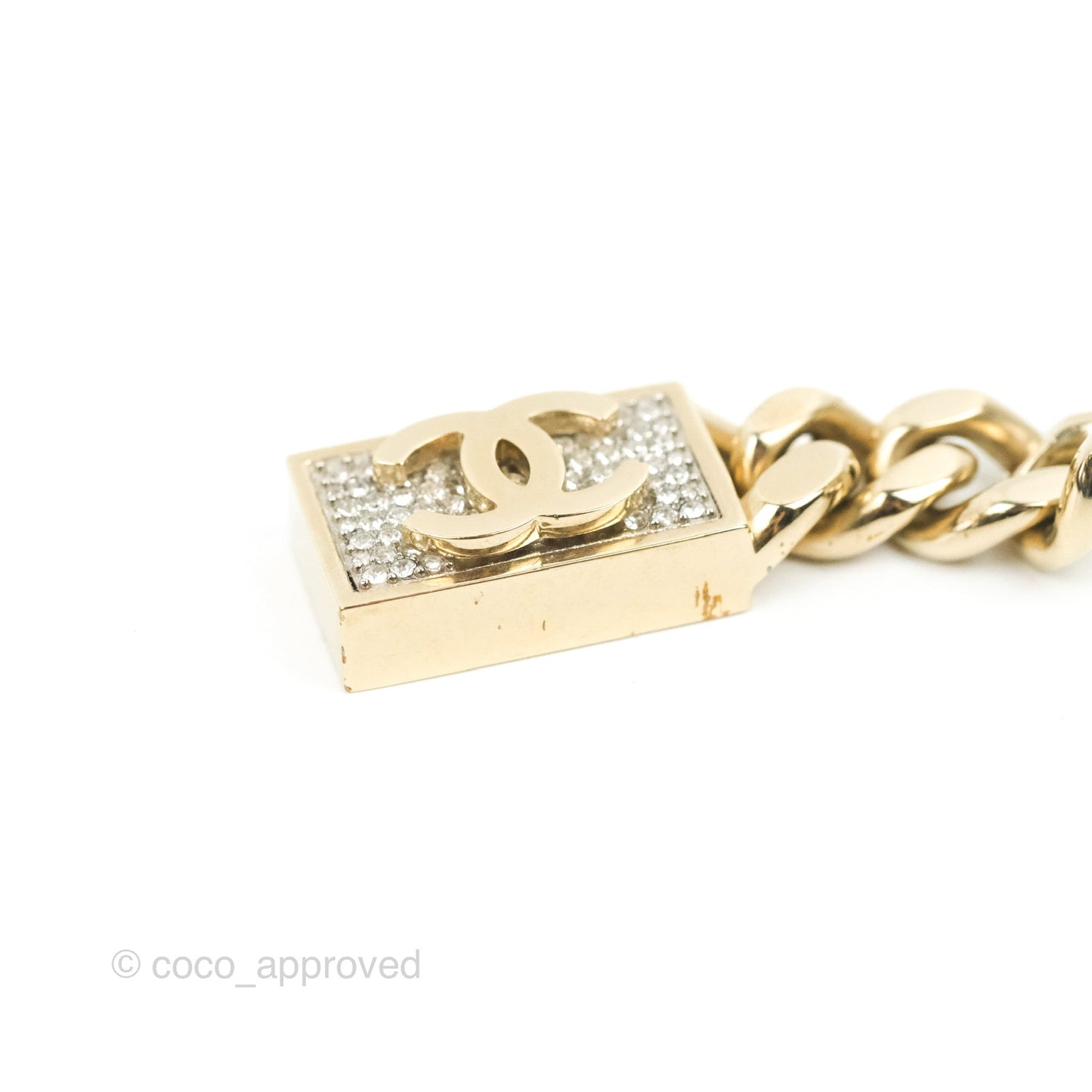 Chanel Chain CC Crystal Plate Drop Earrings Gold Tone 21C