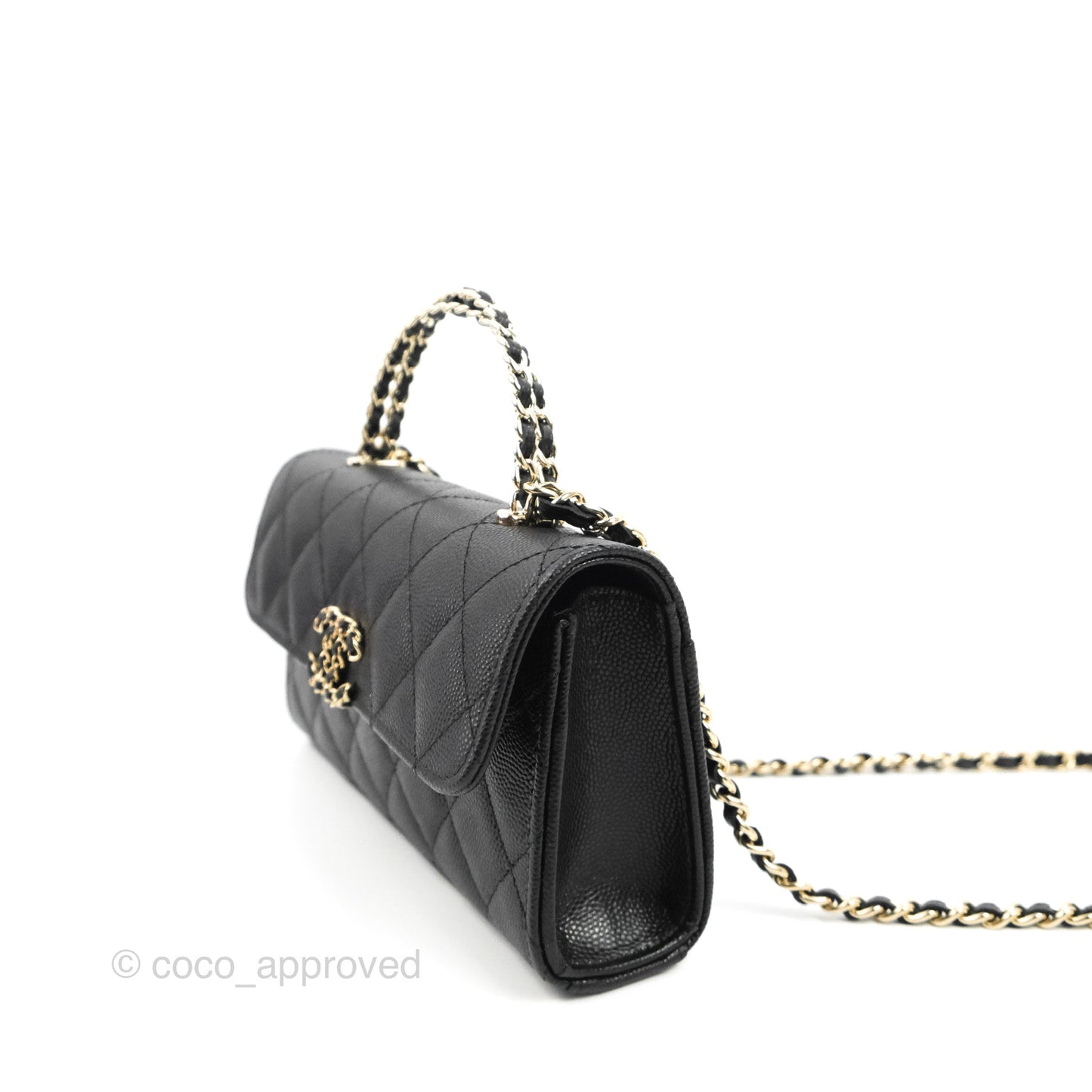 Chanel Top Handle Clutch with Chain Black Caviar Light Gold Hardware 23P