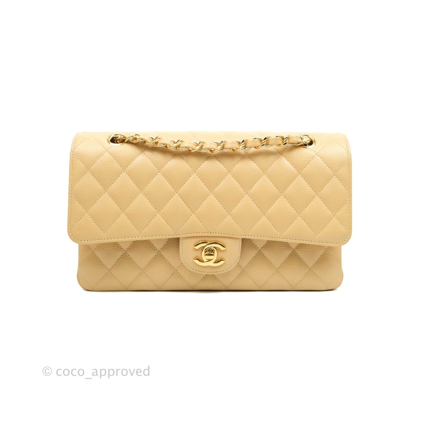 Chanel Classic M/L Medium Flap Quilted Beige Caviar Gold Hardware