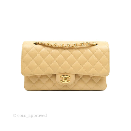 Chanel Classic M/L Medium Flap Quilted Beige Caviar Gold Hardware