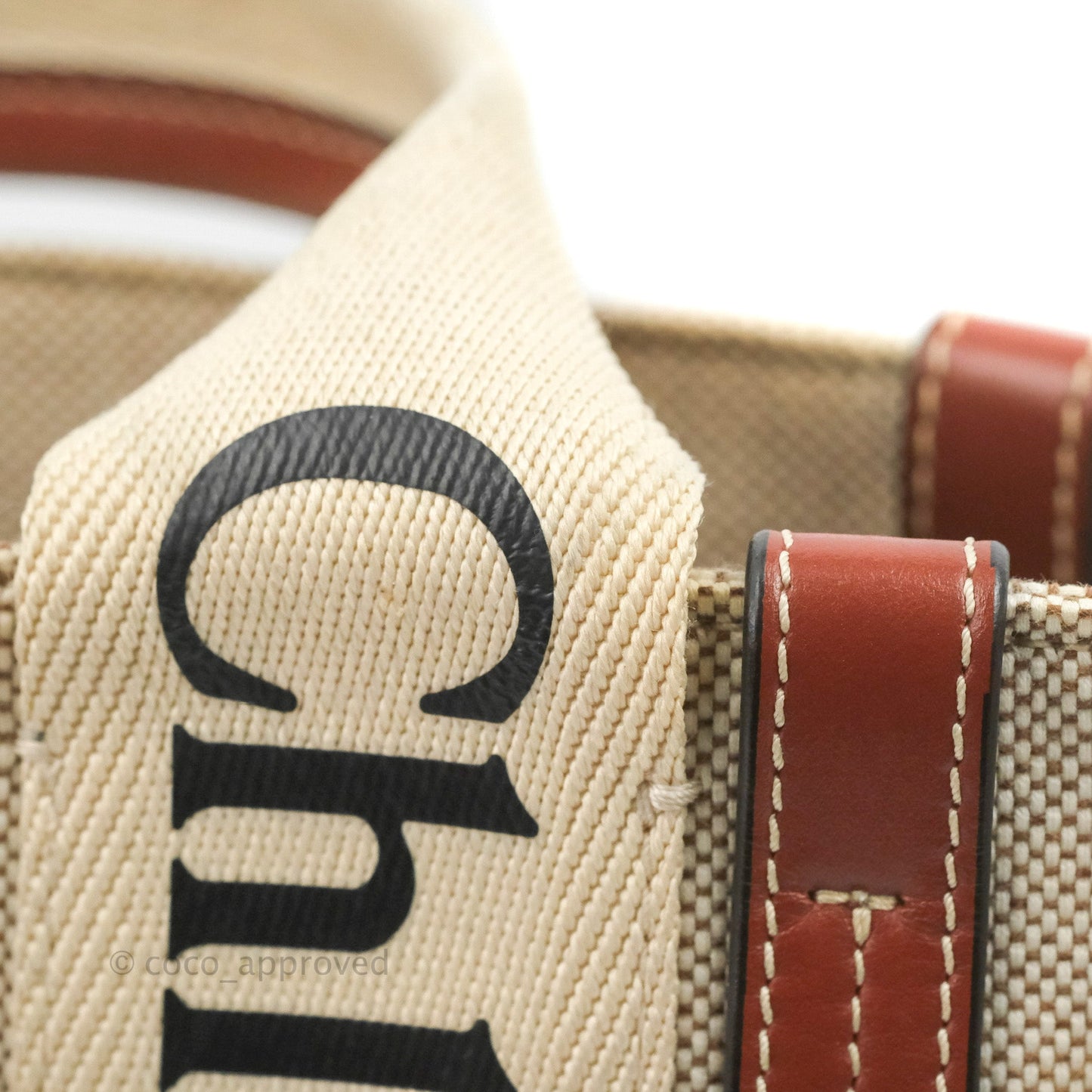 Chloe Small Woody Tote Bag Cotton Canvas & Brown Calfskin with Woody Ribbon