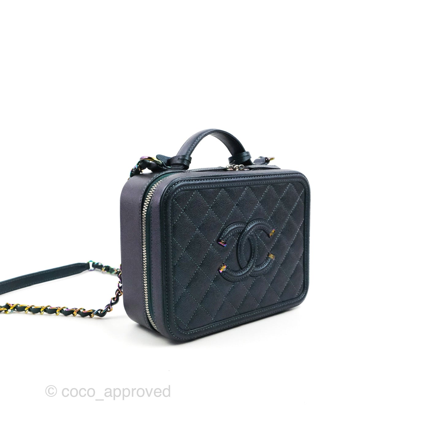 Chanel Quilted Medium CC Filigree Vanity Case Iridescent Dark Turquoise Caviar Rainbow Hardware
