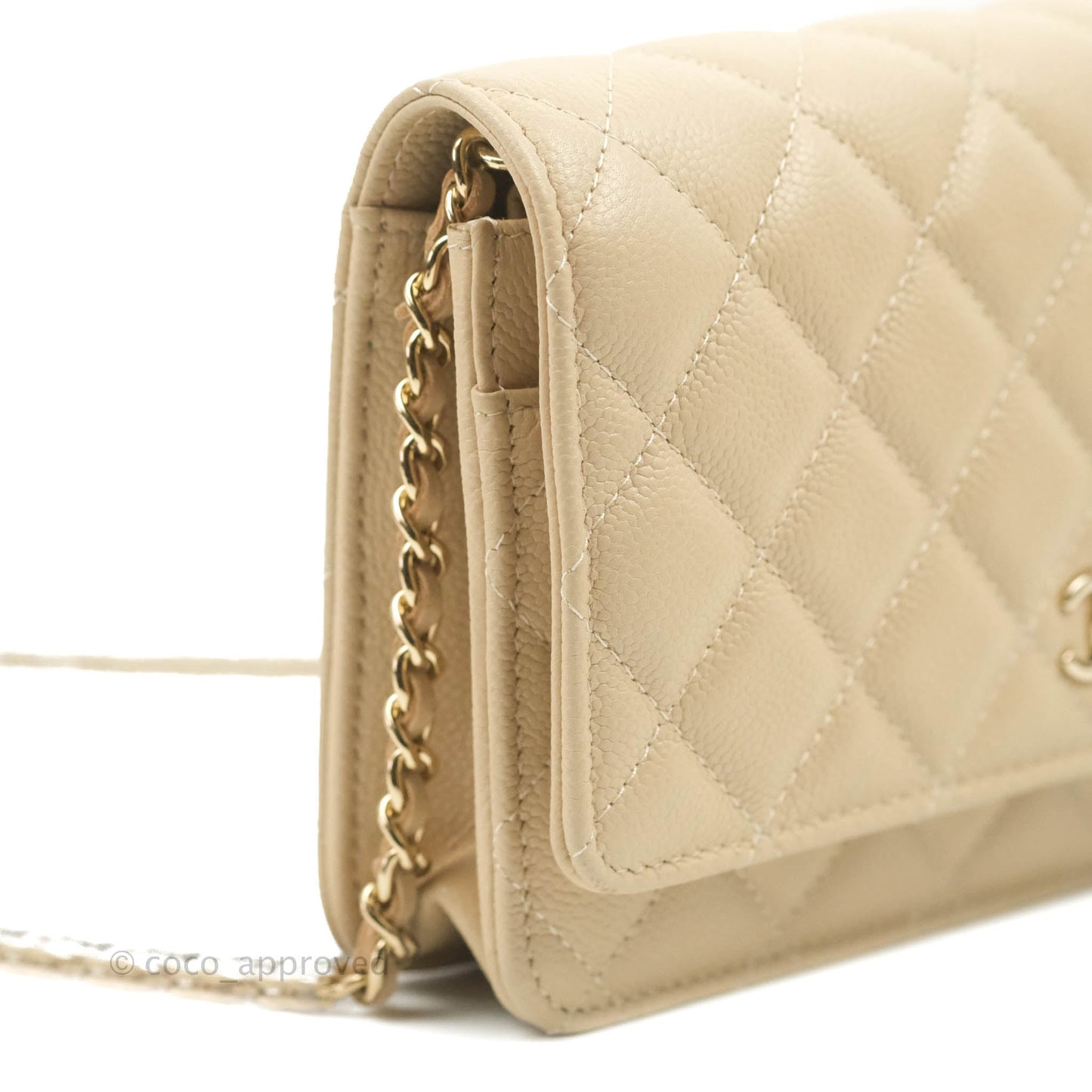 Chanel Quilted Wallet on CC Chain WOC Beige Caviar Gold Hardware