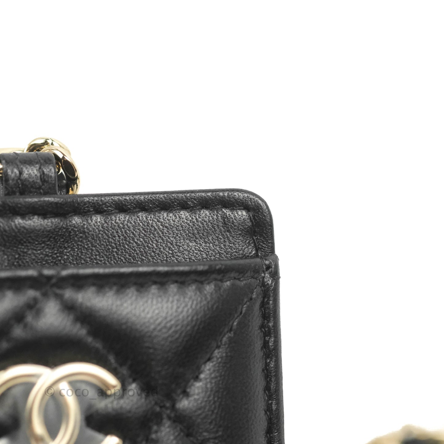 Chanel Quilted Chain Camellia Card Holder Black Lambskin Gold Hardware