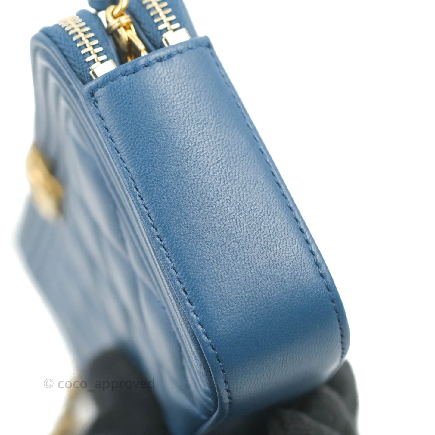Chanel Boy Double Zip Clutch On Chain Blue Lambskin Aged Gold Hardware