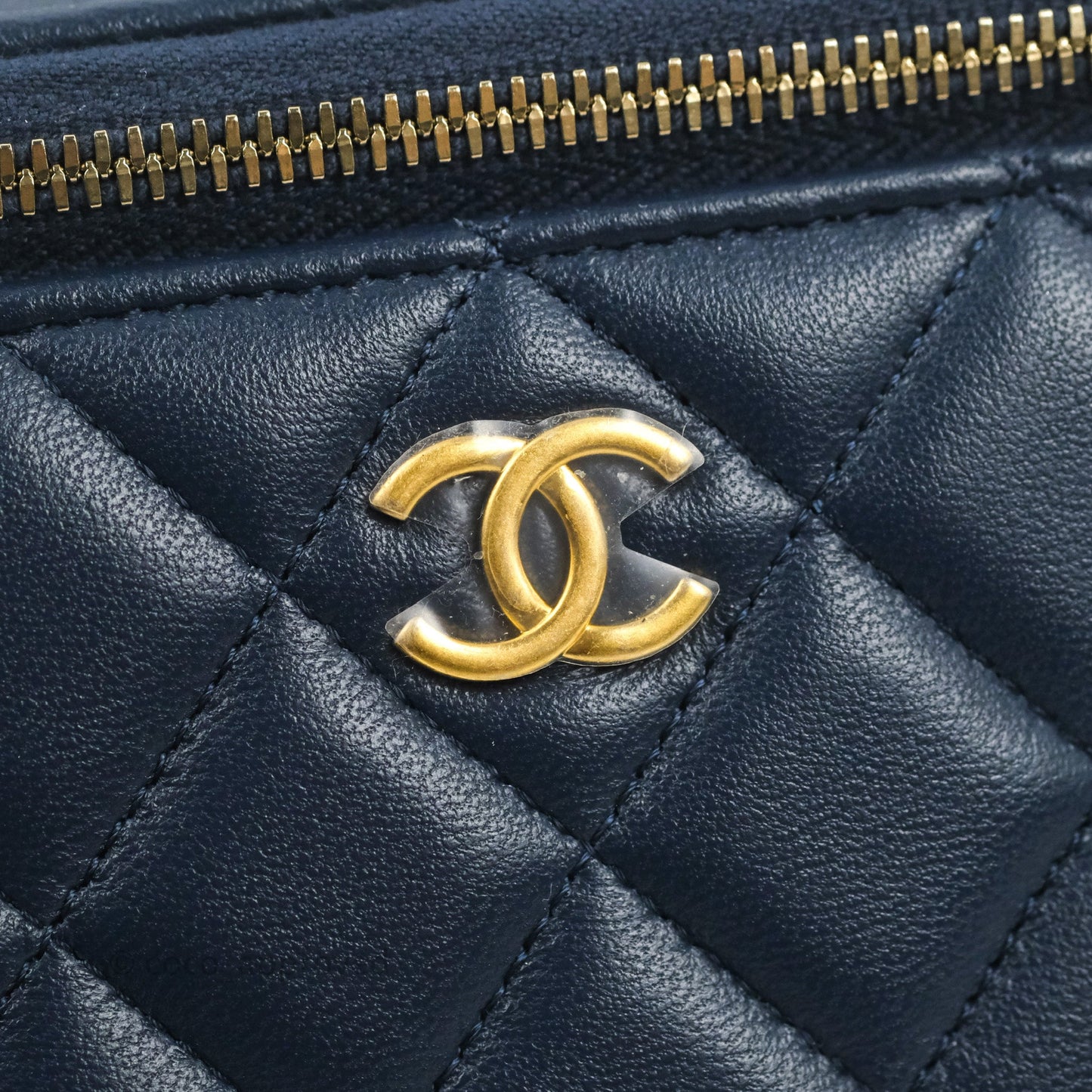 Chanel Vanity Rectangular Metal Top Handle Navy Lambskin Aged Gold Hardware 22B