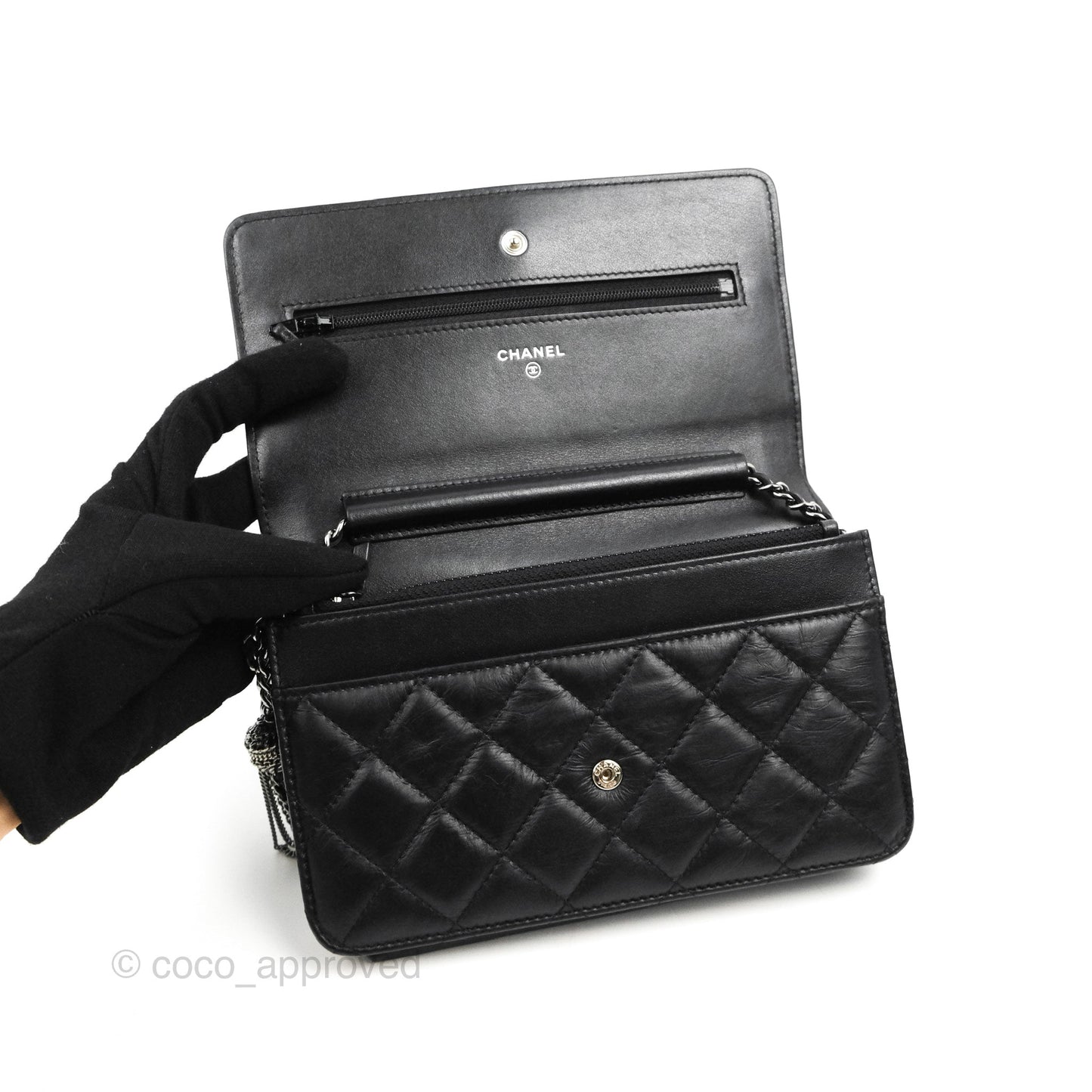 Chanel  Quilted Tassel Wallet On Chain WOC Black Aged Calfskin