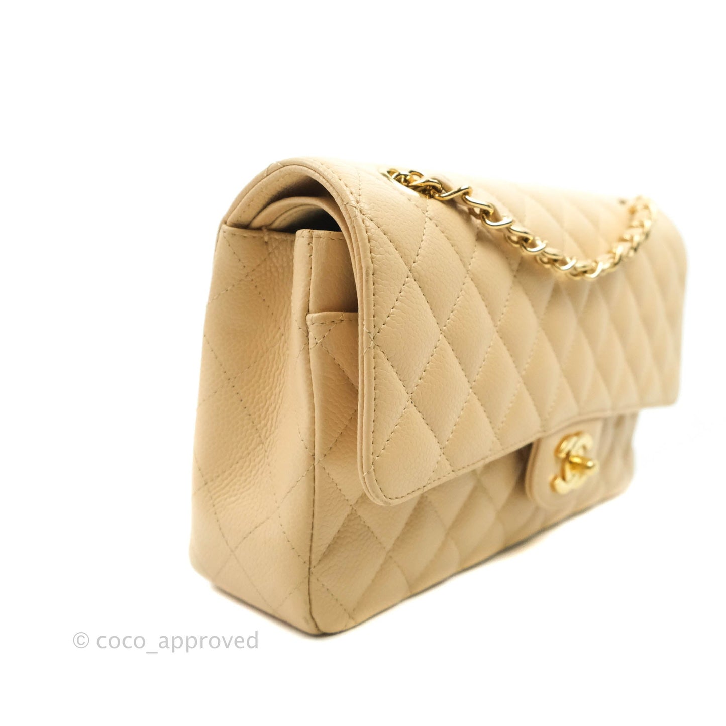 Chanel Classic M/L Medium Flap Quilted Beige Caviar Gold Hardware