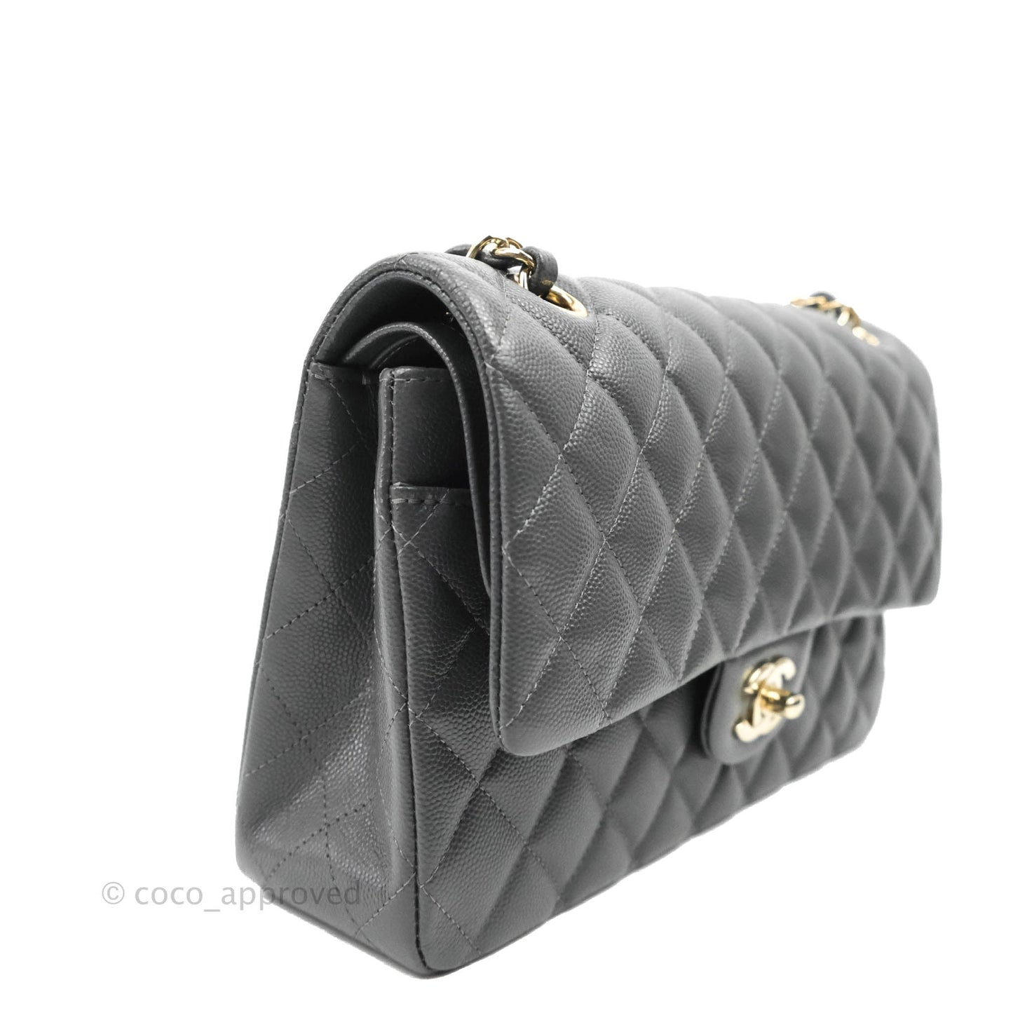 Chanel Classic M/L Medium Flap Quilted Dark Grey Caviar Gold Hardware 21B