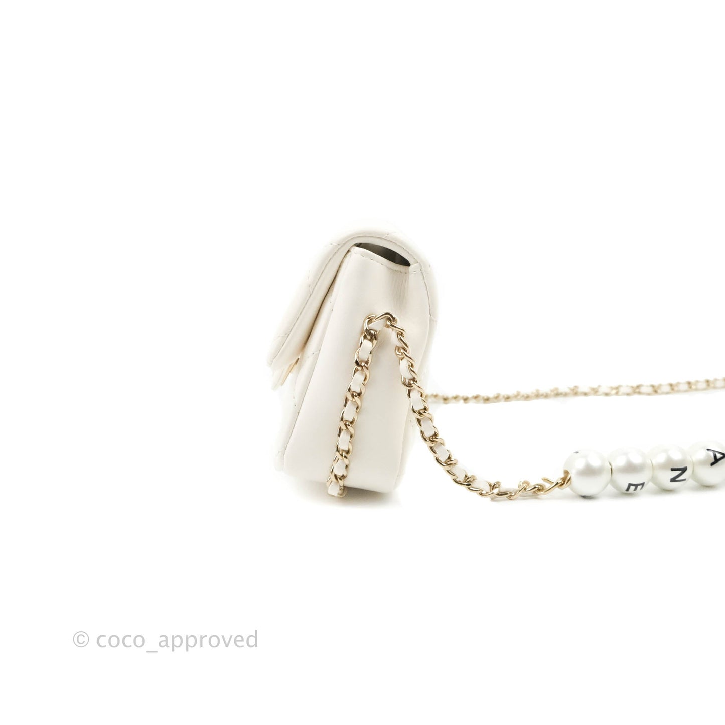 Chanel Small Logo Pearl Chain Flap Bag White Lambskin Gold Hardware