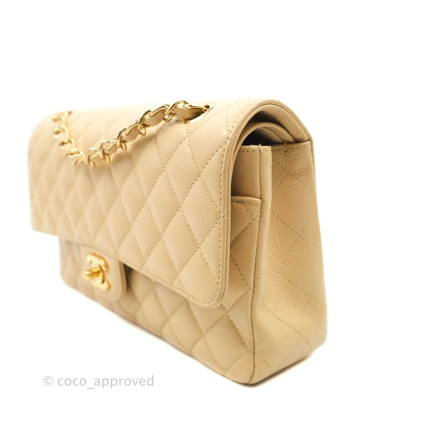 Chanel Classic M/L Medium Flap Quilted Beige Caviar Gold Hardware