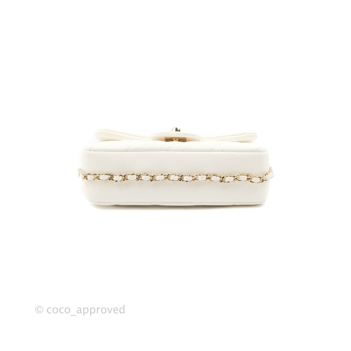 Chanel Small Logo Pearl Chain Flap Bag White Lambskin Gold Hardware