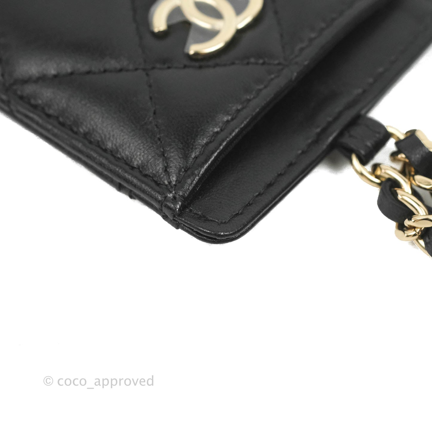 Chanel Quilted Chain Camellia Card Holder Black Lambskin Gold Hardware