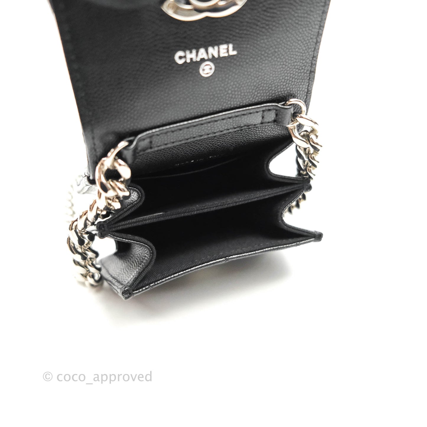Chanel Mini Clutch With Chain Black Caviar Enamel Silver Hardware 22S