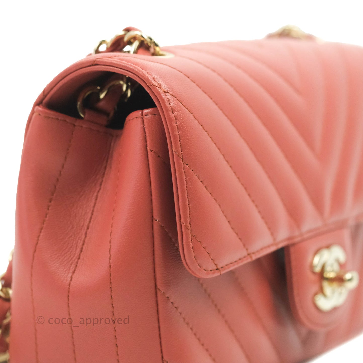 Chanel Chevron Mini Rectangular Flap Brick Red Lambskin Aged Gold Hardware