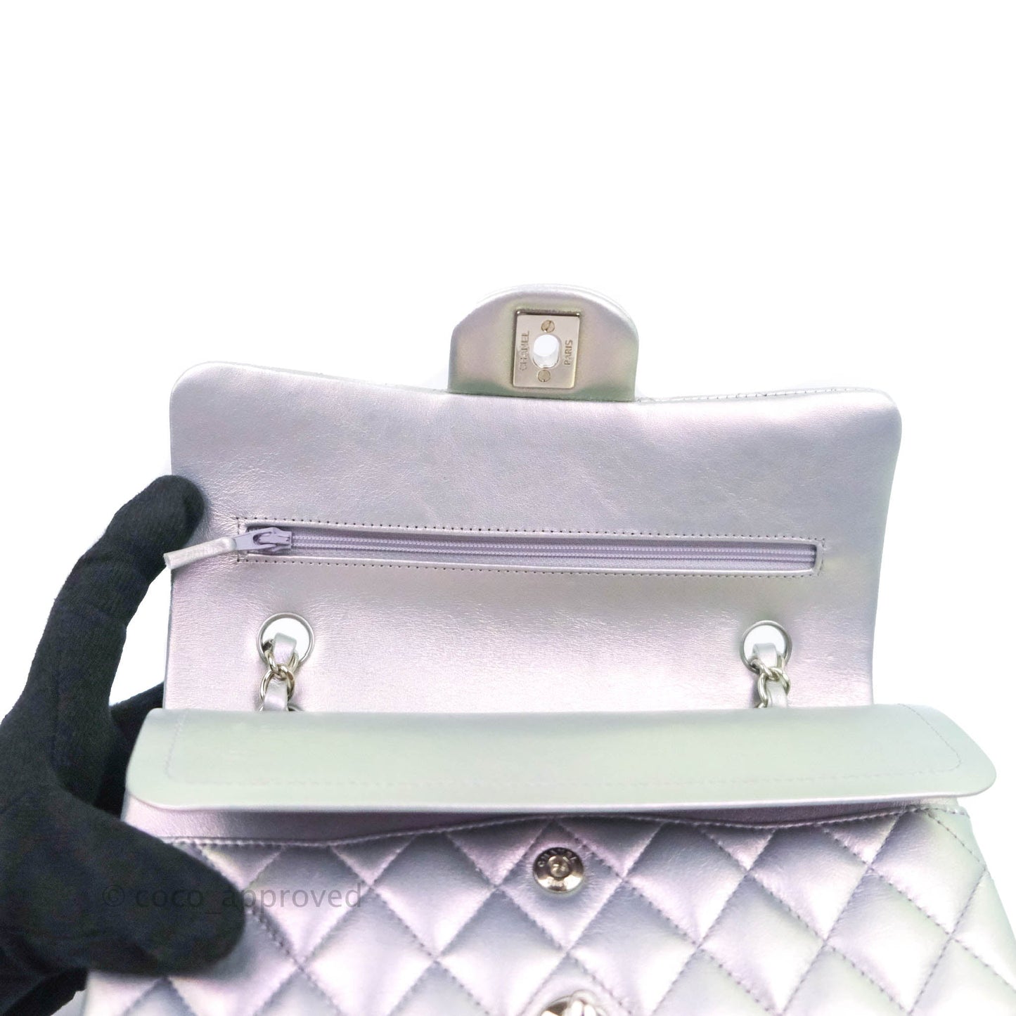 Chanel Small Classic Quilted Flap Metallic Iridescent White Lilac Silver Hardware
