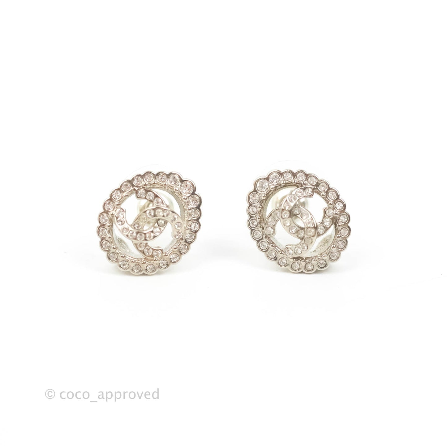 Chanel Crystal CC Earrings Silver Tone 22B