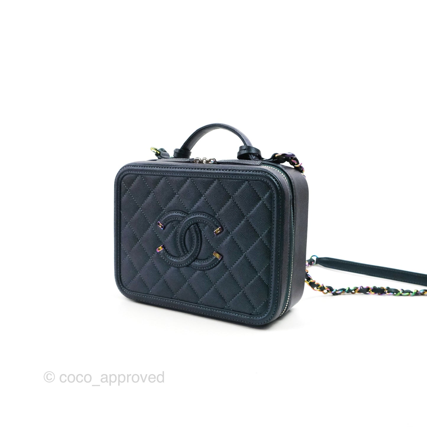 Chanel Quilted Medium CC Filigree Vanity Case Iridescent Dark Turquoise Caviar Rainbow Hardware