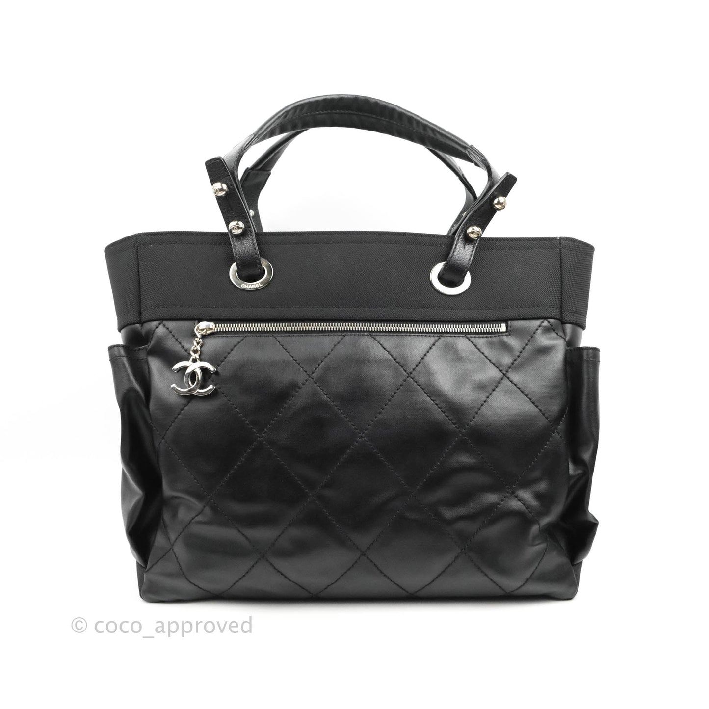 Chanel Quilted Large Paris Biarritz Tote Black Coated Canvas
