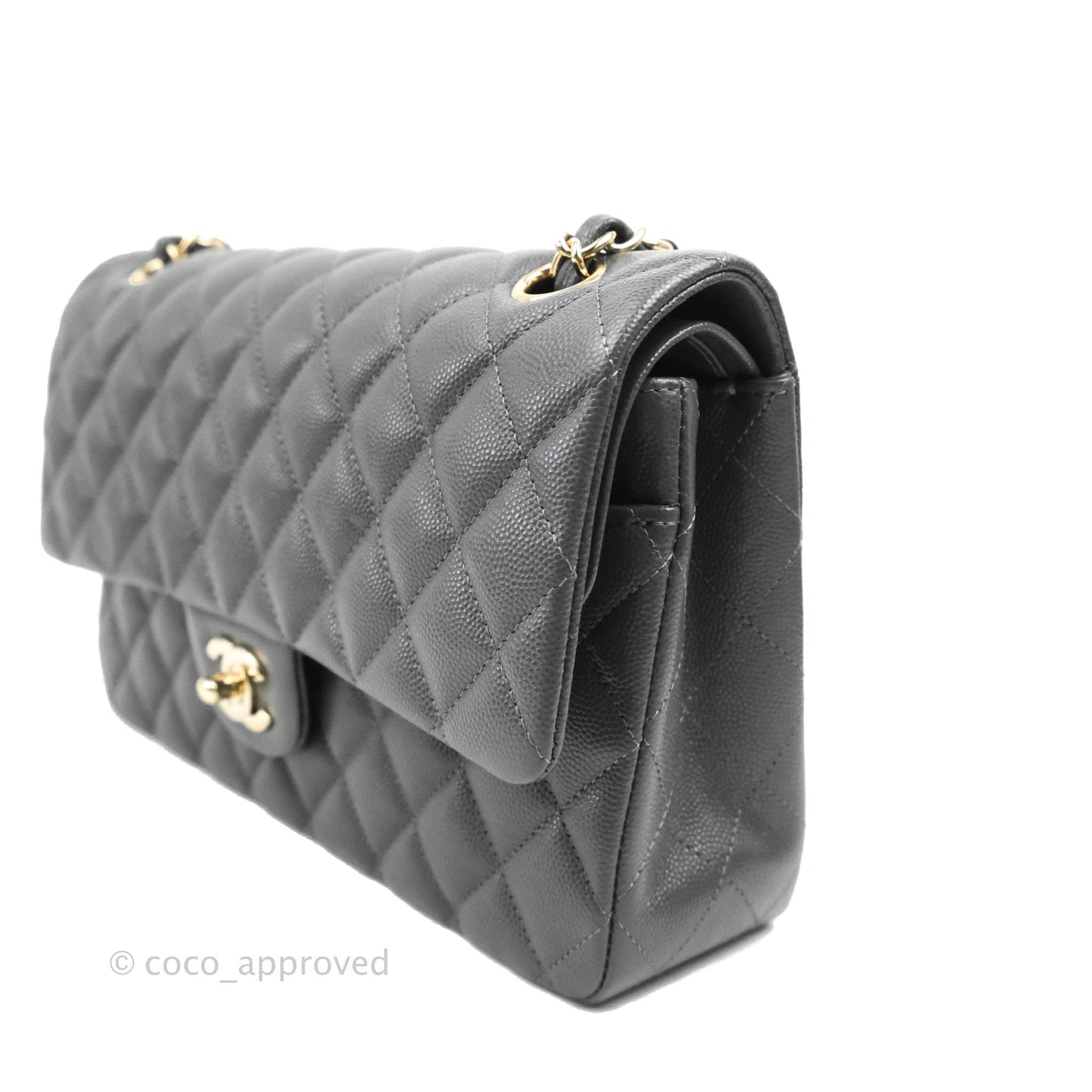 Chanel Classic M/L Medium Flap Quilted Dark Grey Caviar Gold Hardware 21B