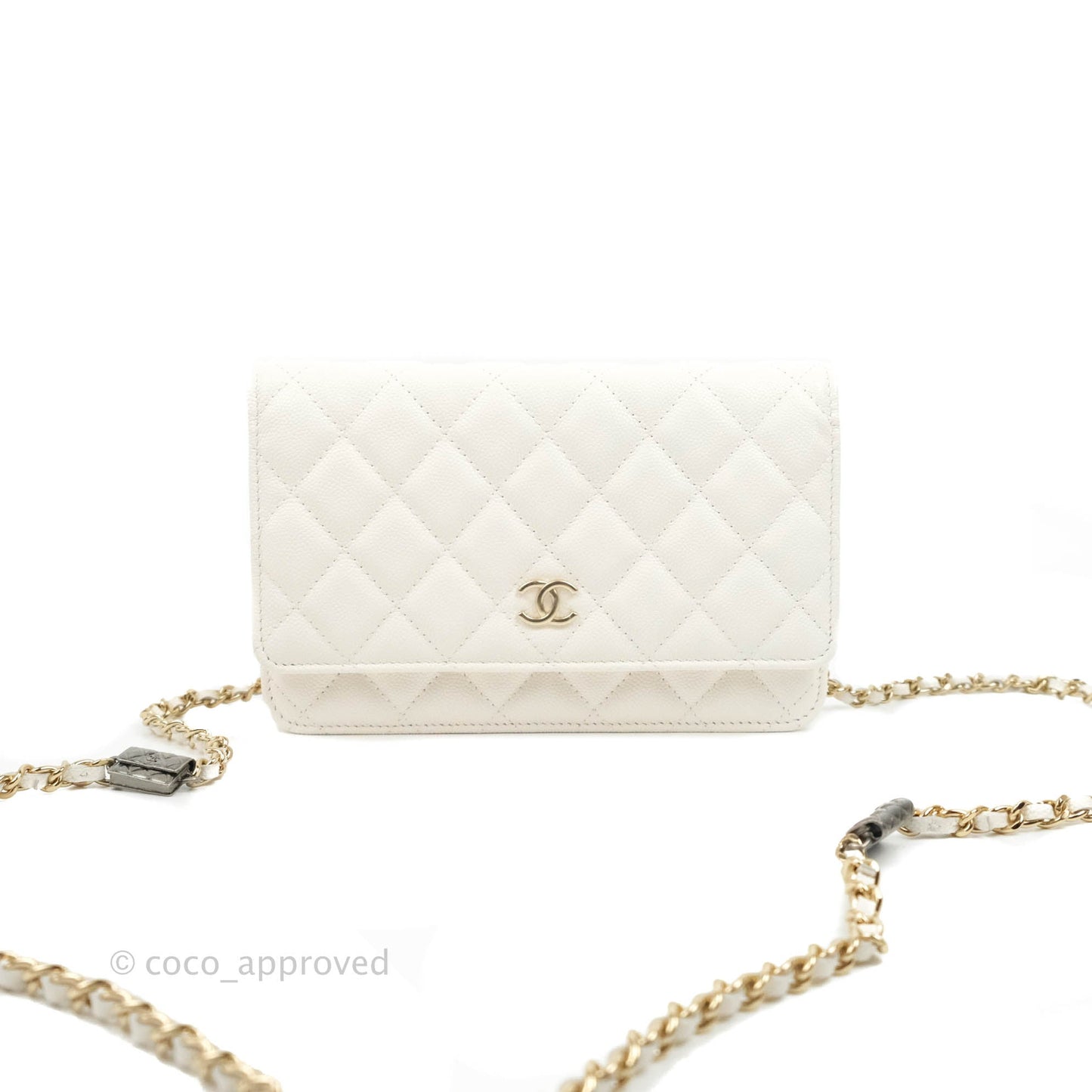 Chanel Quilted WOC White Caviar Gold Hardware With Charms