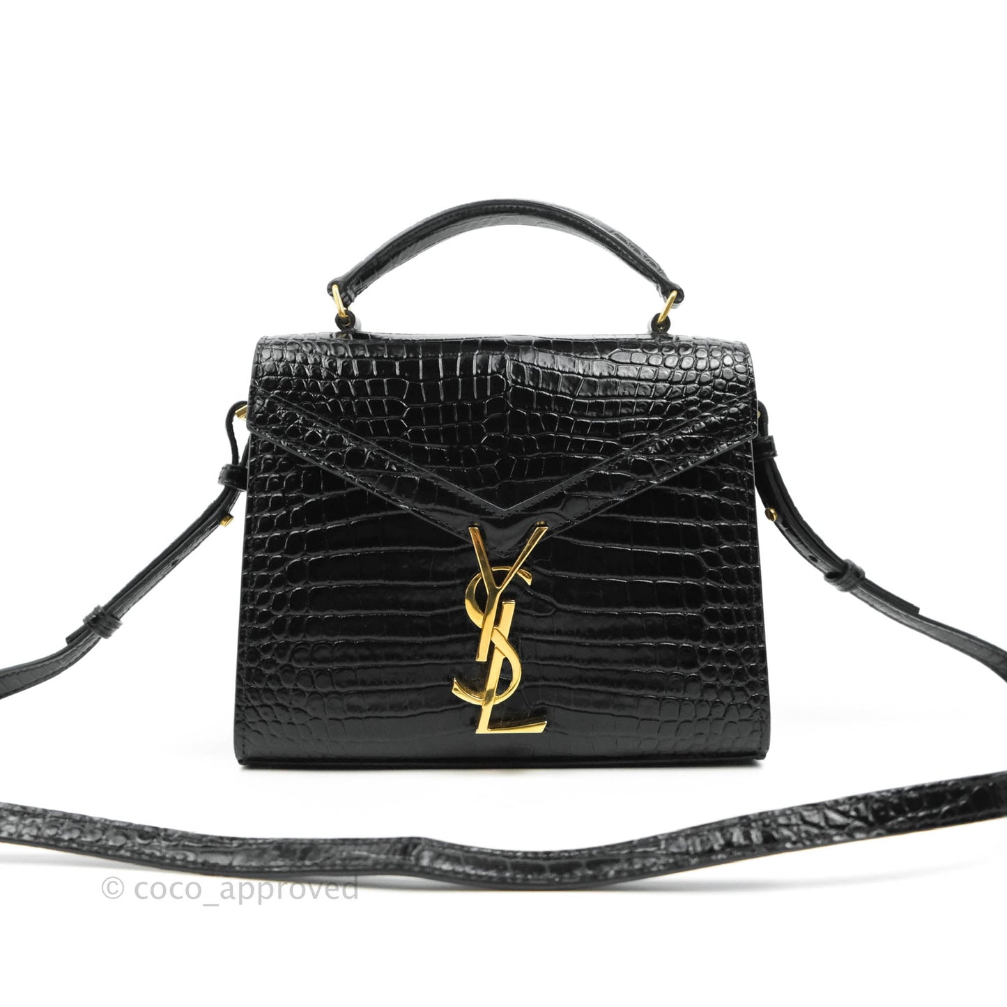 Saint Lauren Cassandra Mini Top Handle Bag Black Crocodile-embossed Shiny Calfskin