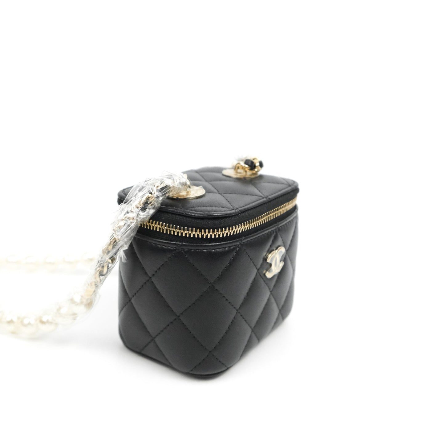 Chanel Mini Vanity With Pearl Chain Black Lambskin Gold Hardware
