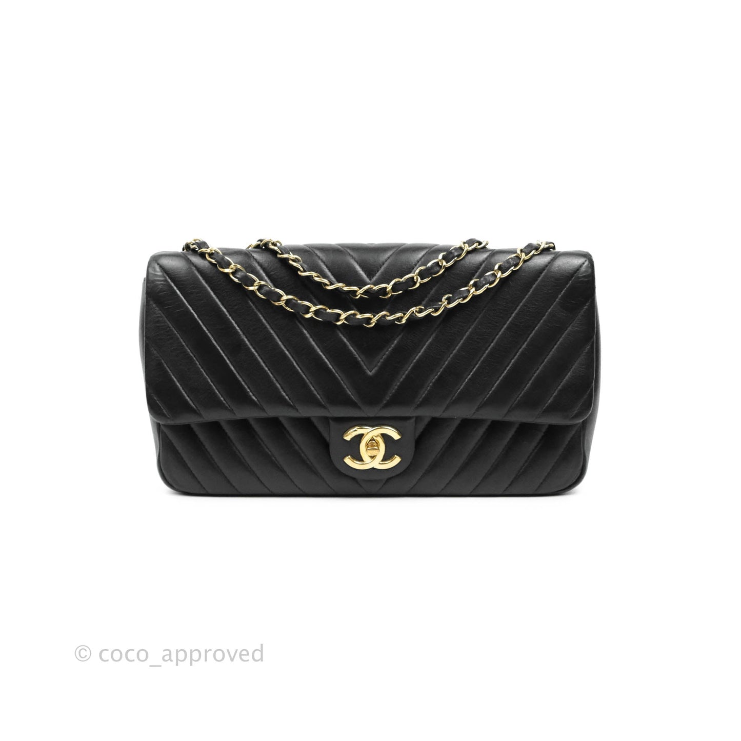 Chanel Large Chevron Single Flap Bag Black Calfskin Gold Hardware