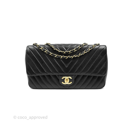 Chanel Large Chevron Single Flap Bag Black Calfskin Gold Hardware
