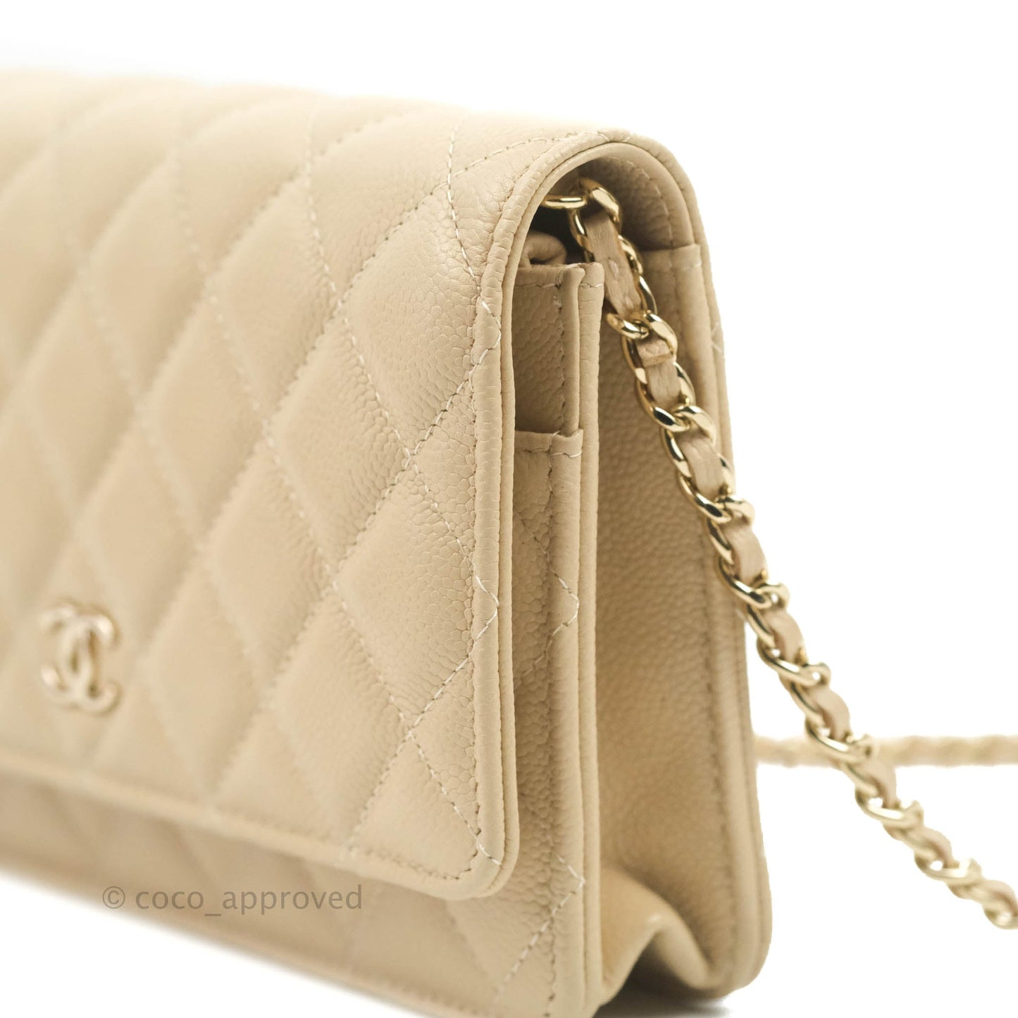 Chanel Quilted Wallet on CC Chain WOC Beige Caviar Gold Hardware