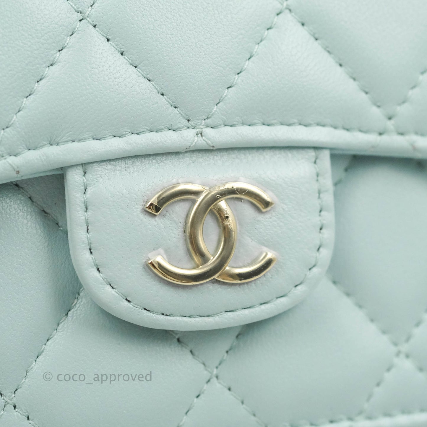 Chanel Mini Handle Flap Coin Purse With Chain Light Blue Lambskin Gold Hardware
