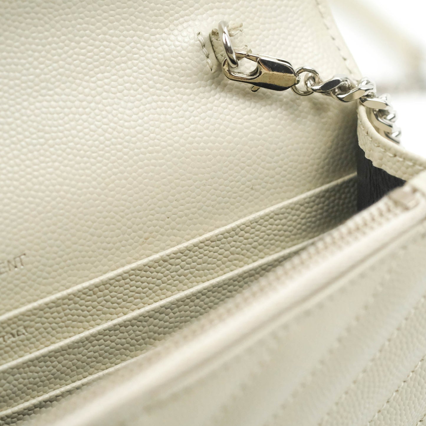 Saint Laurent Wallet on Chain White Grained Leather Silver Hardware