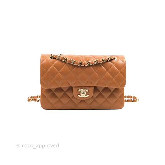 Chanel Small Classic Quilted Flap Dark Beige Caramel Lambskin Gold Hardware 22S