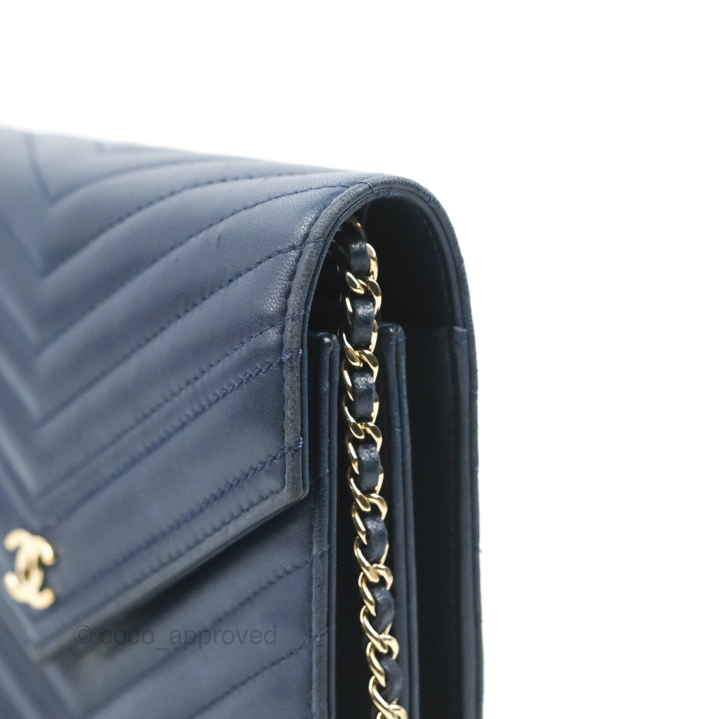 Chanel Square WOC Wallet On Chain Blue Lambskin Chevron Gold Hardware