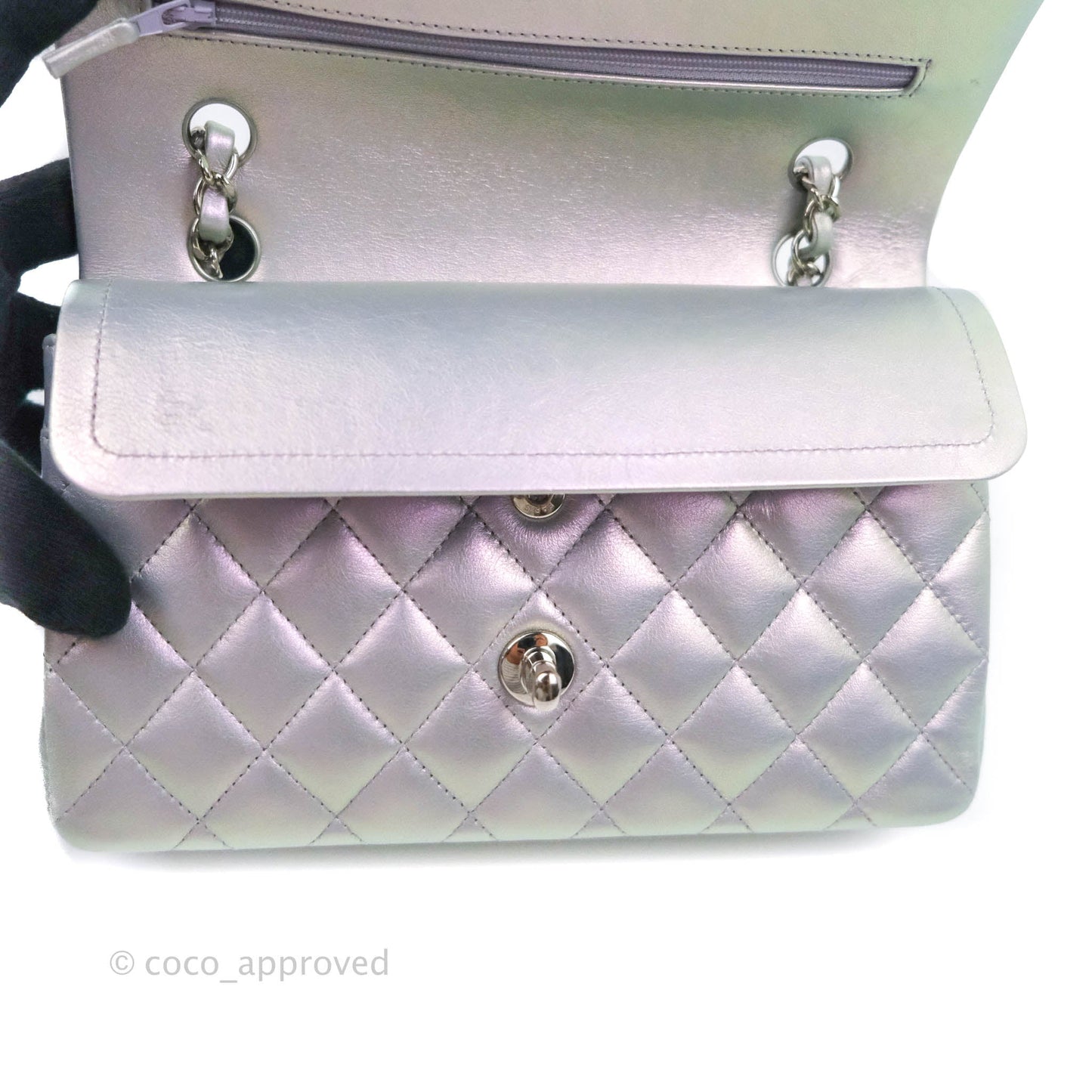 Chanel Small Classic Quilted Flap Metallic Iridescent White Lilac Silver Hardware