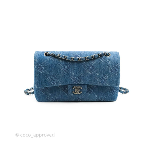 Chanel Classic M/L Medium Double Flap Blue Denim Ruthenium Hardware