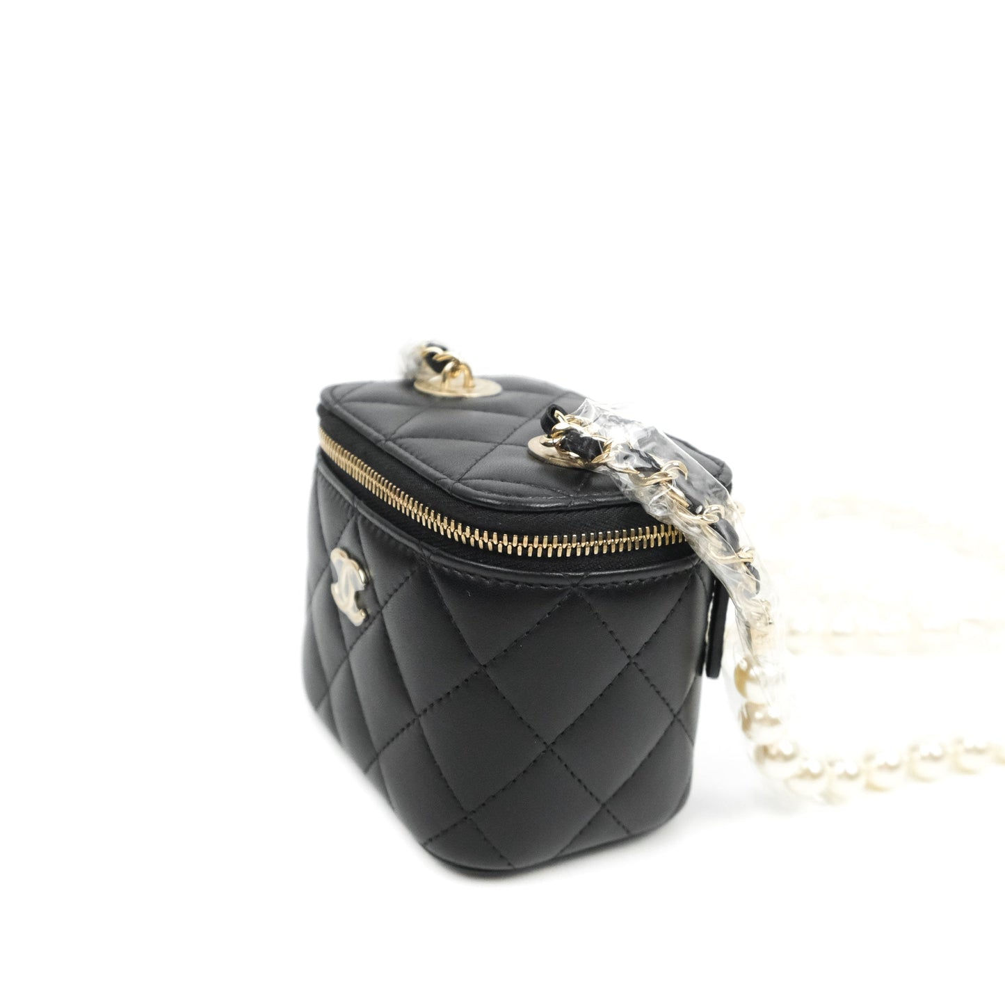 Chanel Mini Vanity With Pearl Chain Black Lambskin Gold Hardware