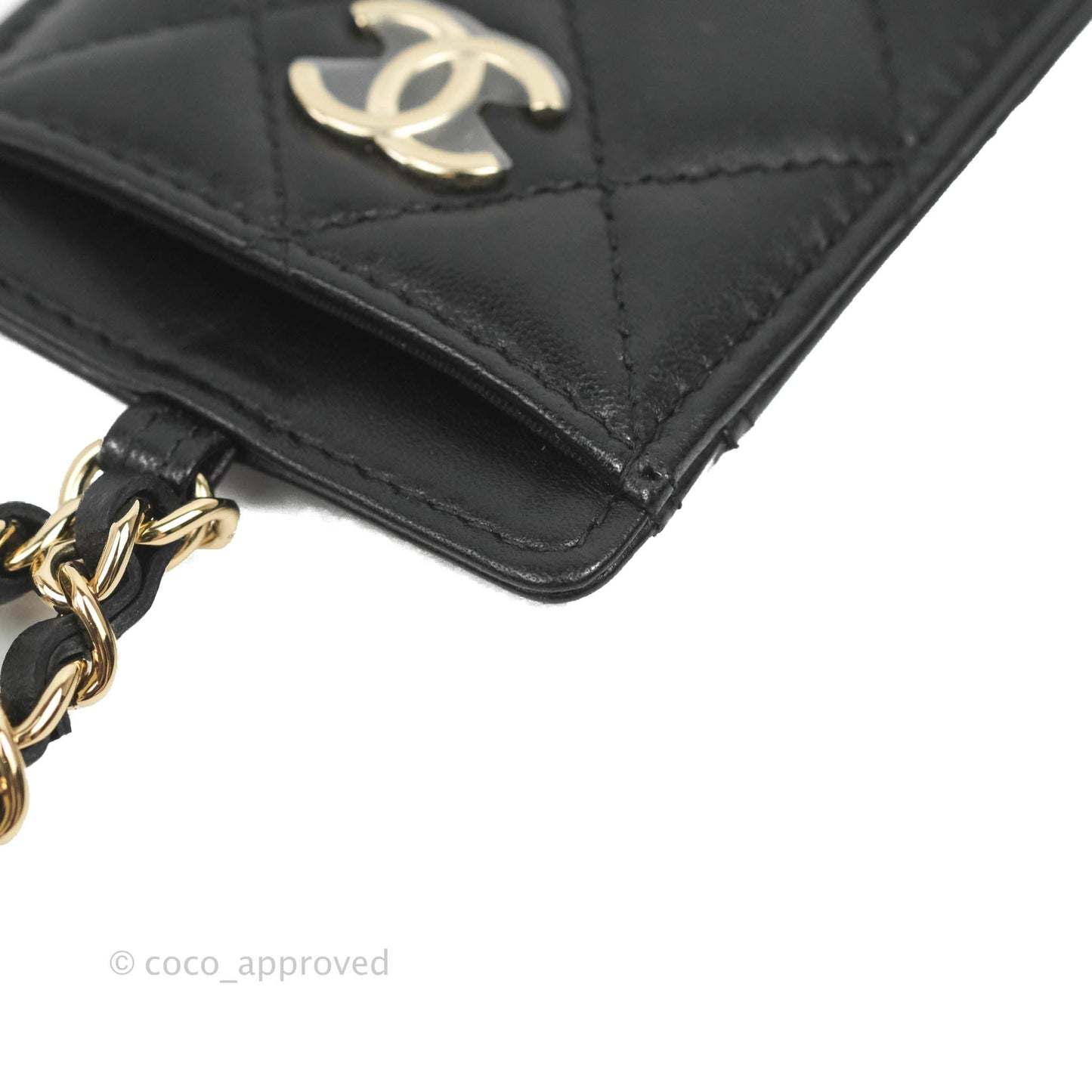 Chanel Quilted Chain Camellia Card Holder Black Lambskin Gold Hardware