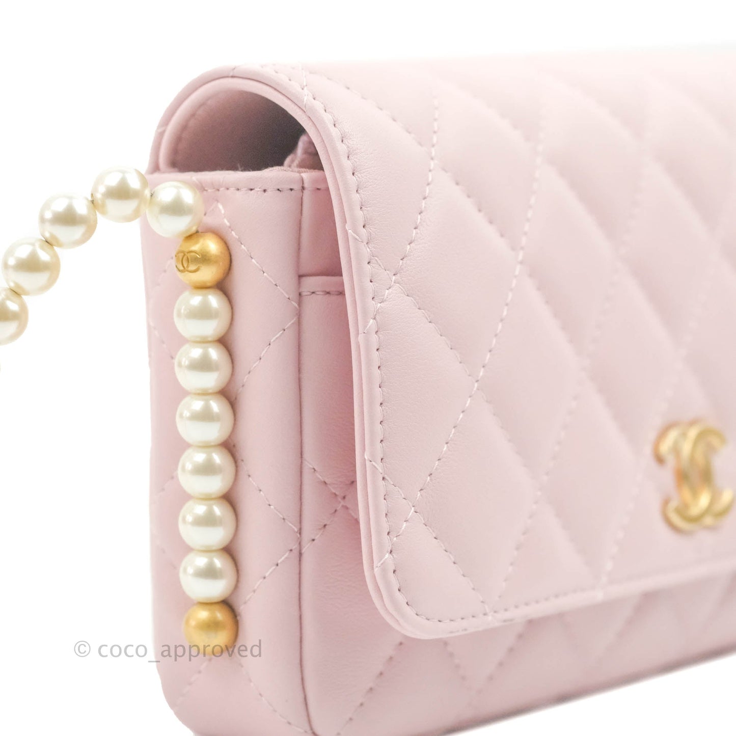 Chanel Quilted Wallet On Chain WOC With Pearl Chain Pink Aged Gold Hardware