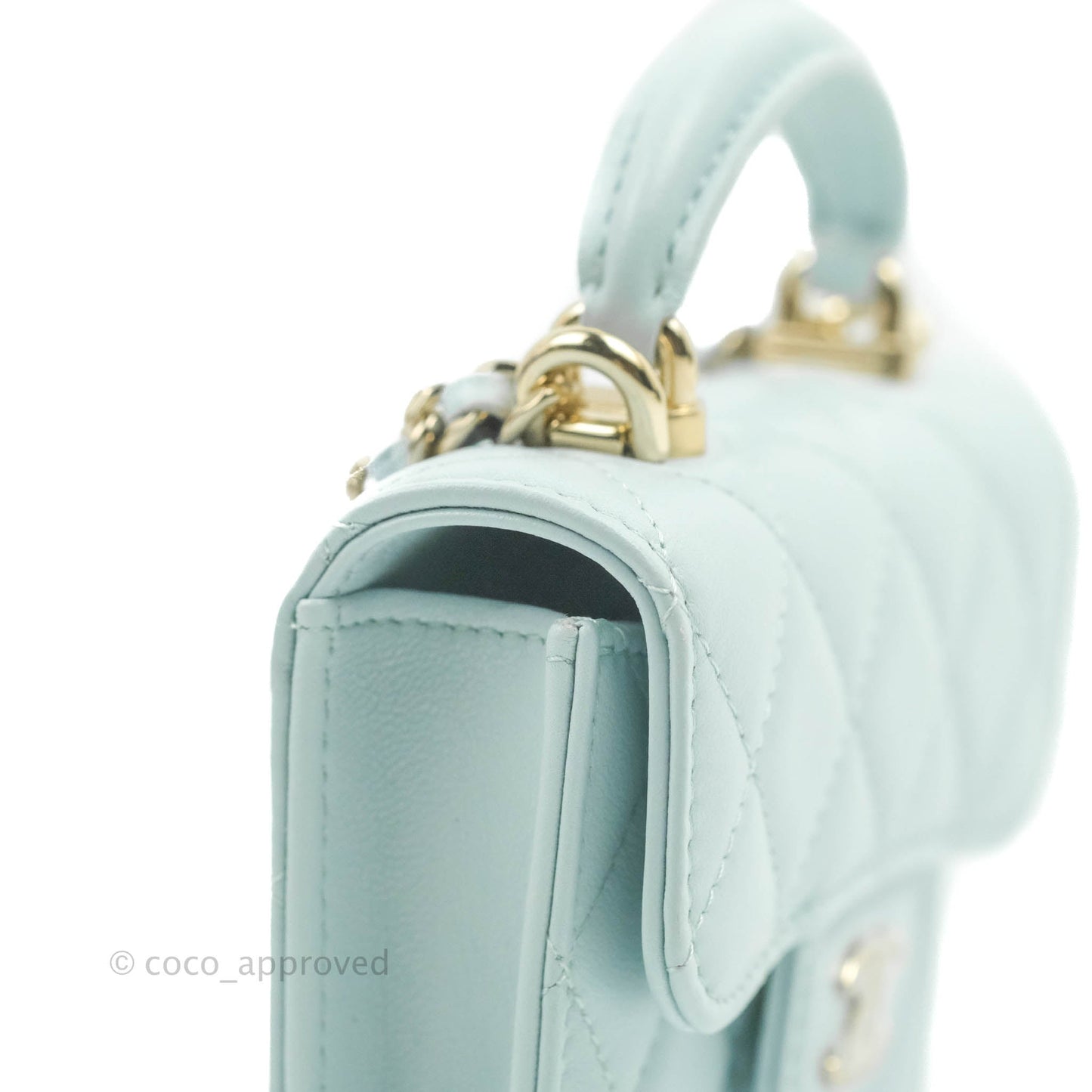 Chanel Mini Handle Flap Coin Purse With Chain Light Blue Lambskin Gold Hardware