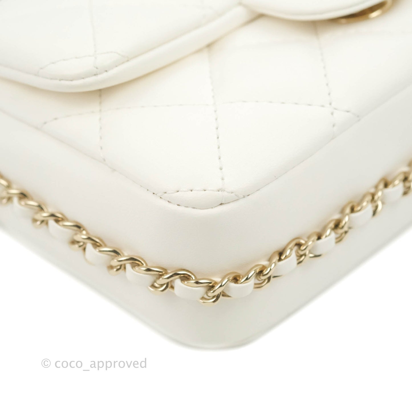 Chanel Small Logo Pearl Chain Flap Bag White Lambskin Gold Hardware
