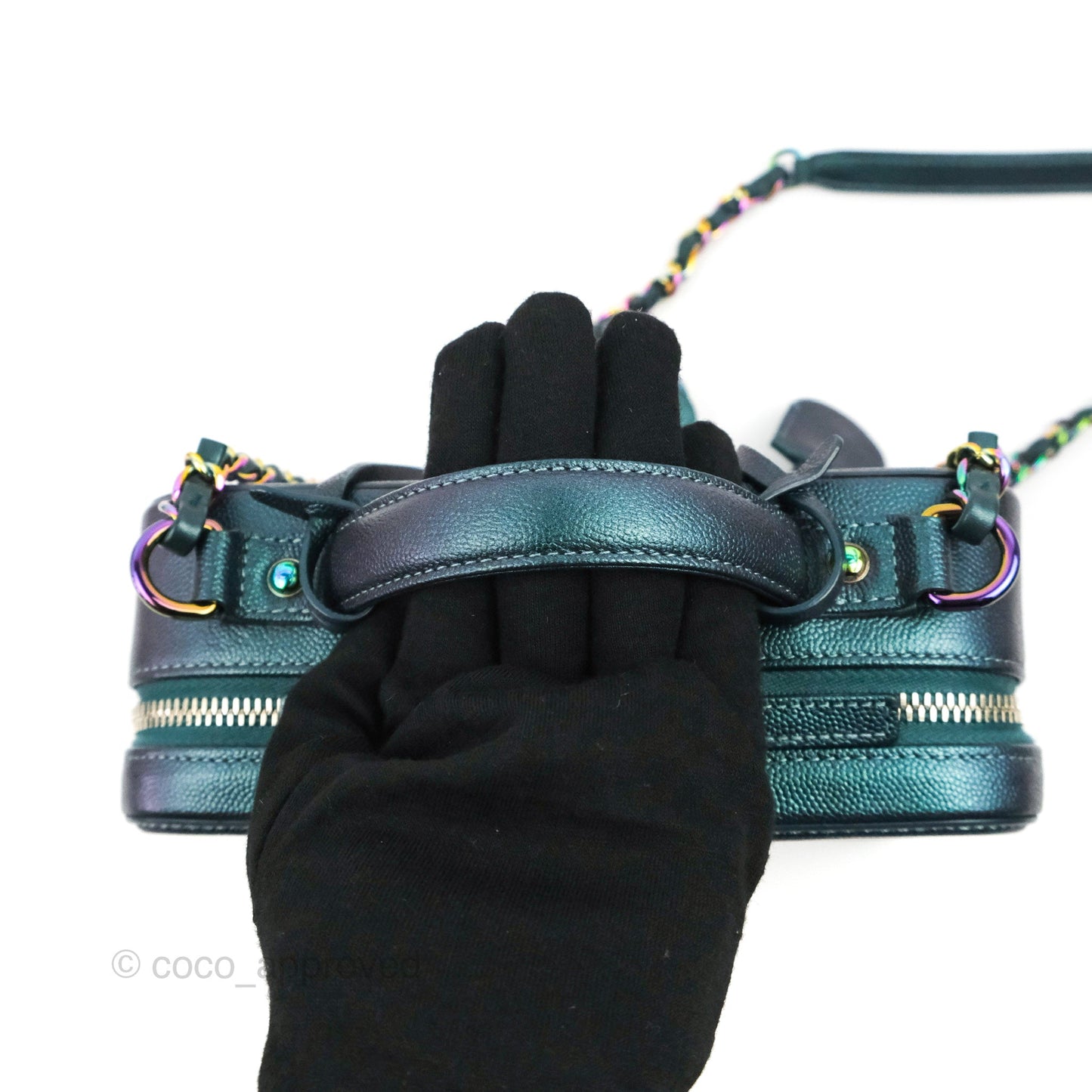 Chanel Quilted Medium CC Filigree Vanity Case Iridescent Dark Turquoise Caviar Rainbow Hardware