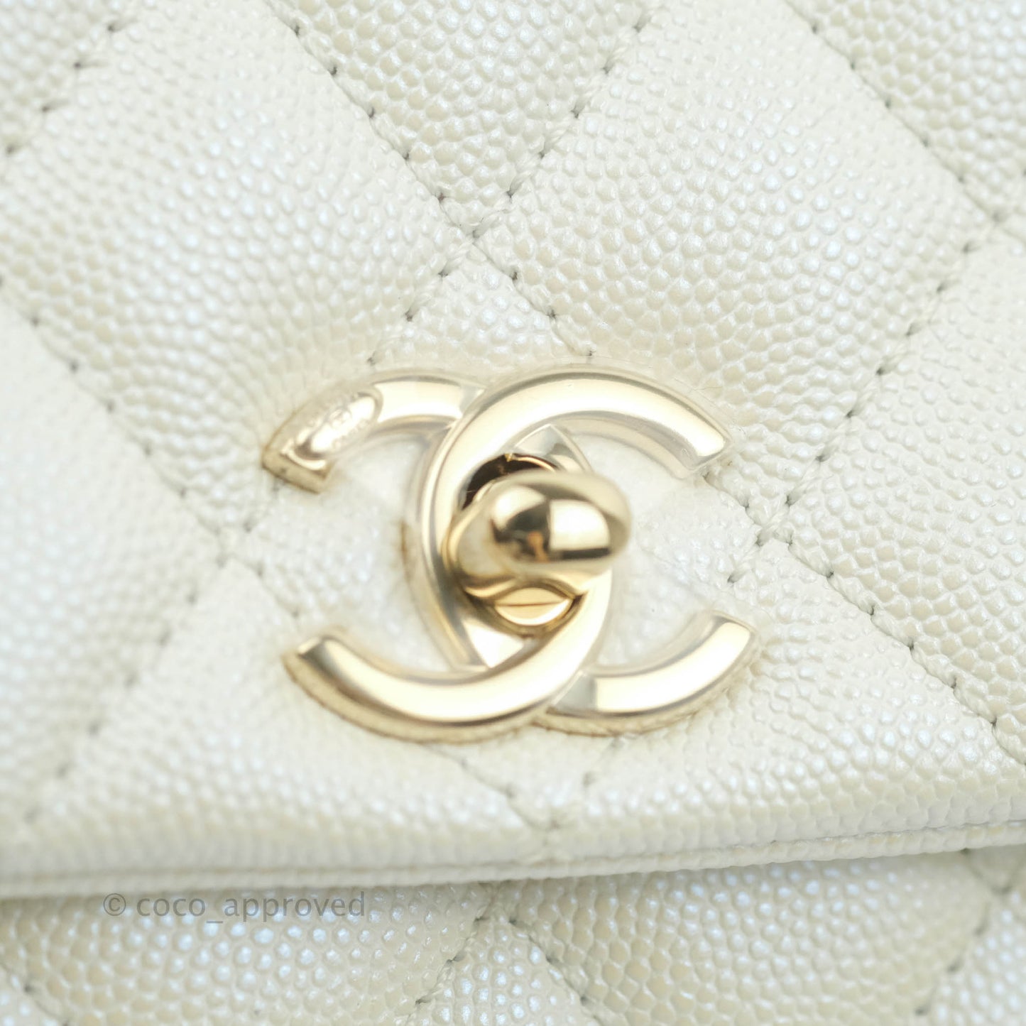 Chanel Mini Coco Handle Quilted Iridescent White Caviar Gold Hardware