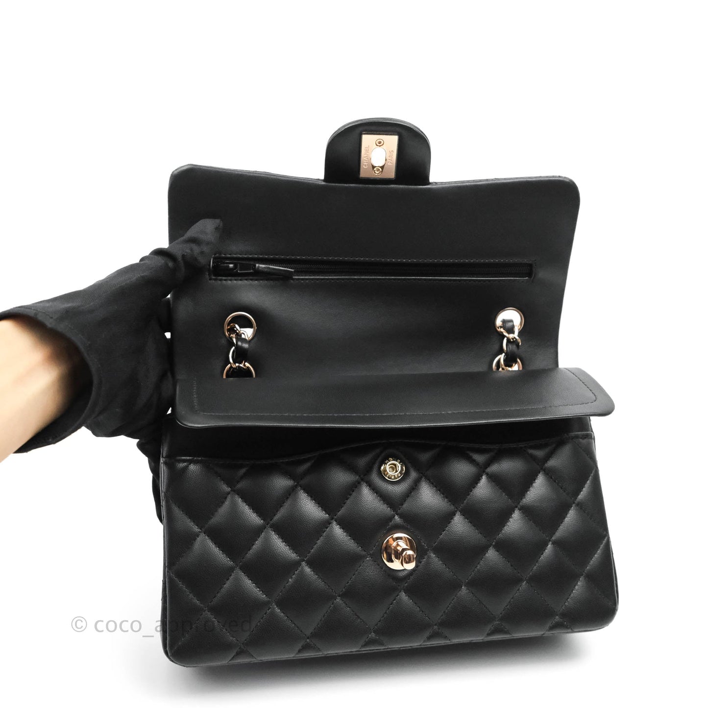 Chanel Classic Small S/M Flap Black Lambskin Rose Pink-Gold Hardware