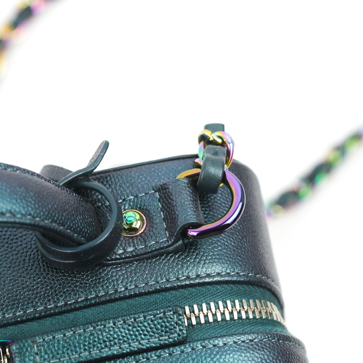 Chanel Quilted Medium CC Filigree Vanity Case Iridescent Dark Turquoise Caviar Rainbow Hardware