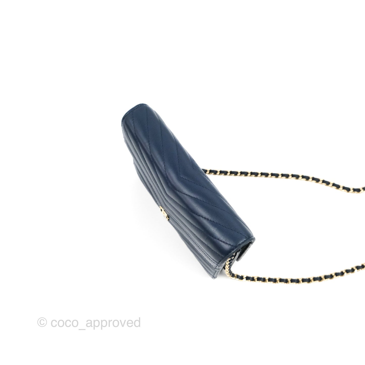 Chanel Square WOC Wallet On Chain Blue Lambskin Chevron Gold Hardware