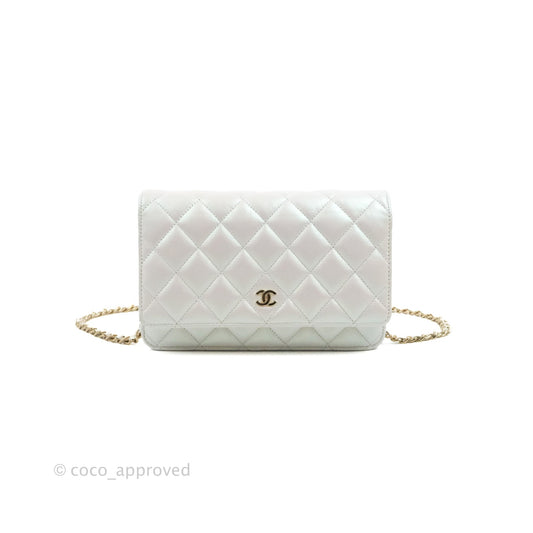 Chanel Quilted Classic Wallet on Chain WOC Iridescent White Lambskin Gold Hardware